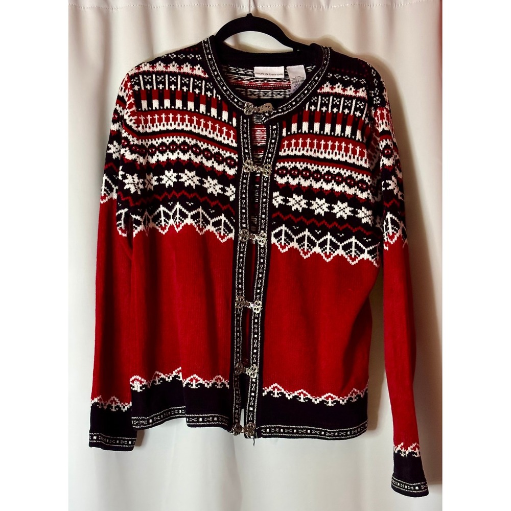 Croft & Barrow Nordic Fair Isle Cardigan Red Black White Metal Clasp Medium READ